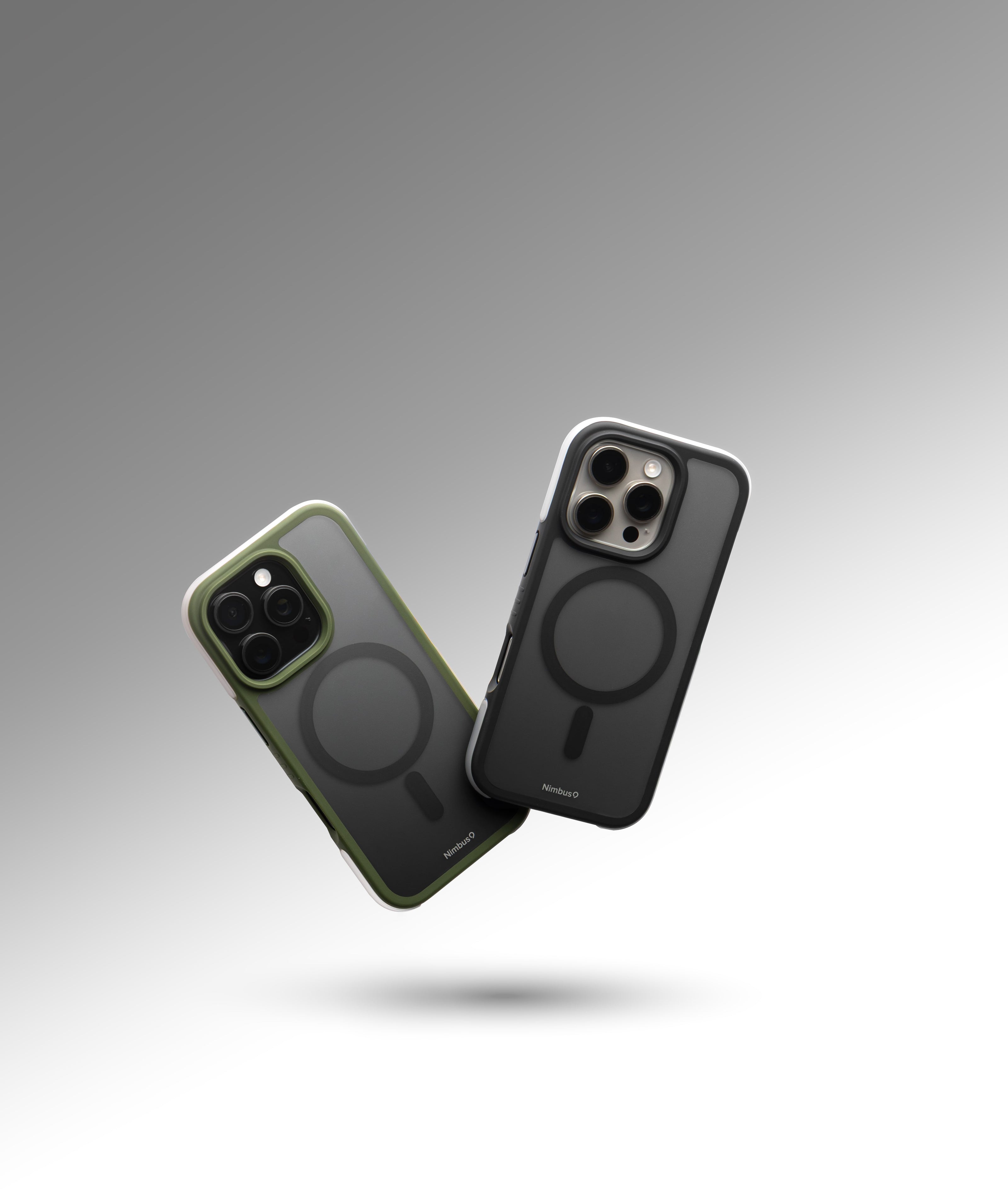 A dynamic shot of Nimbus9 Summit MagSafe cases in Black and Green, highlighting their rugged drop protection and modern design. Engineered for maximum durability and MagSafe compatibility, the Summit case is built for those who demand both style and security.