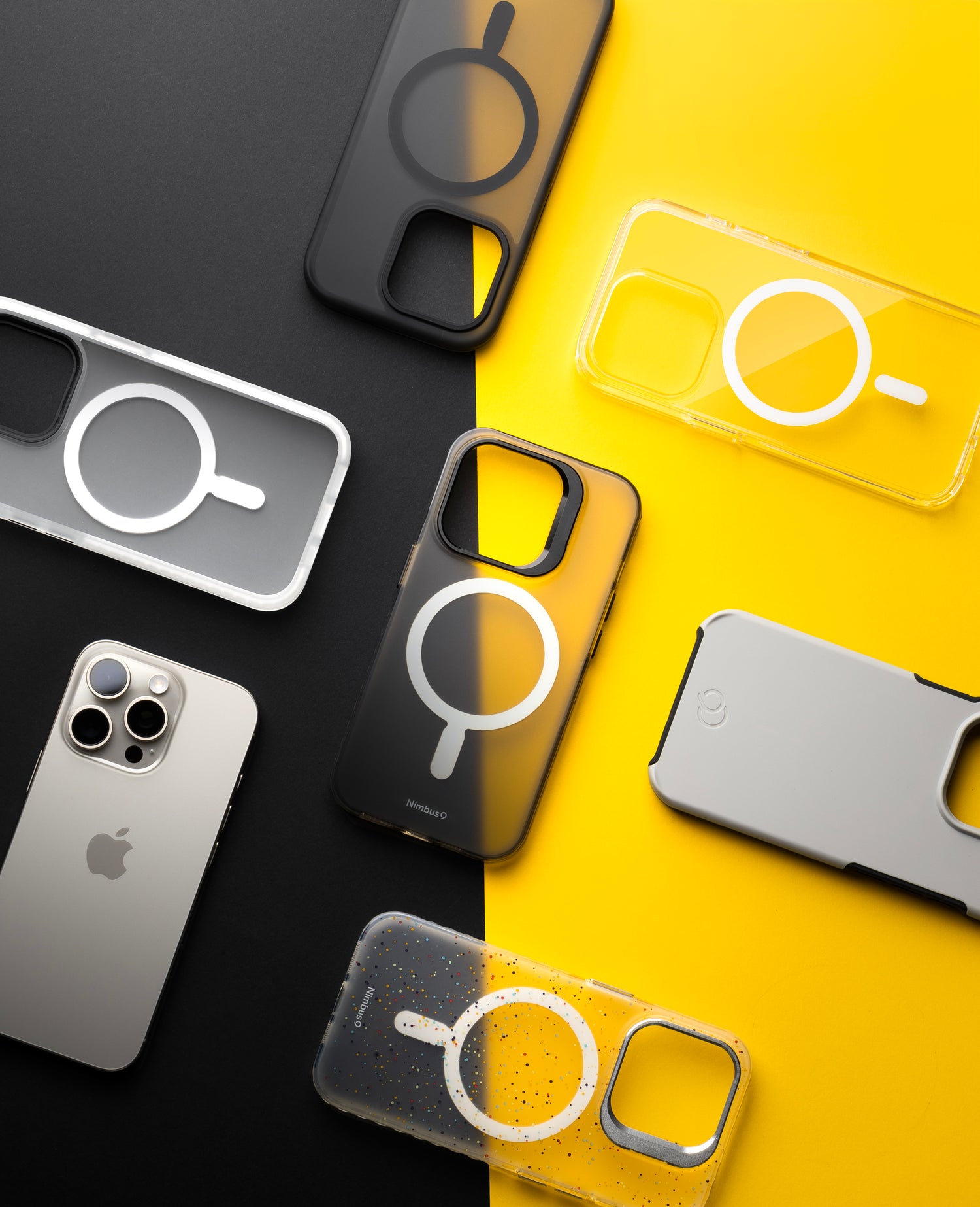 A stylish lineup of Nimbus9 MagSafe-compatible cases for the iPhone 16 Pro, featuring clear, frosted, and gradient designs. Engineered for premium protection and seamless MagSafe charging.