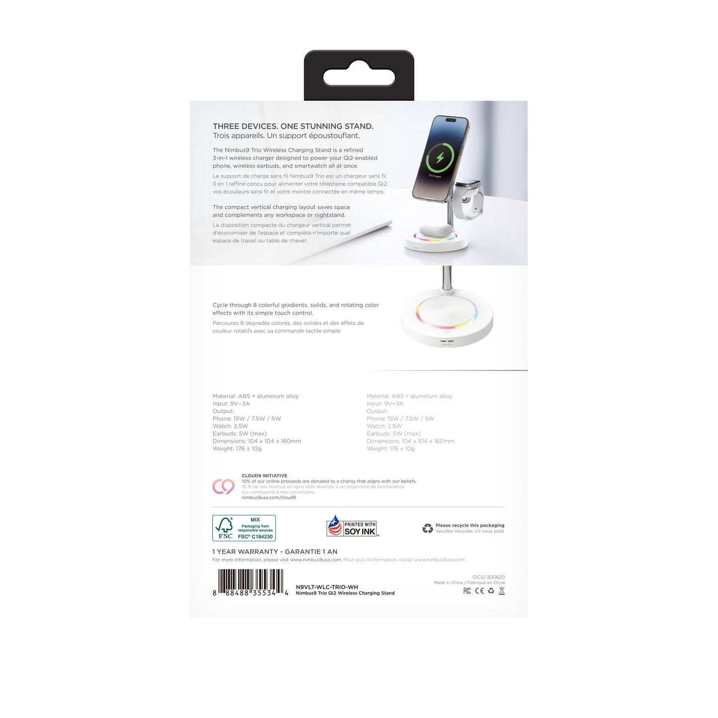 Nimbus9 TrioStand 3-in-1 Qi2 Wireless Charging Stand with Ambient Lighting MagSafe Compatible for Phone, Earbuds & Smartwatch - White