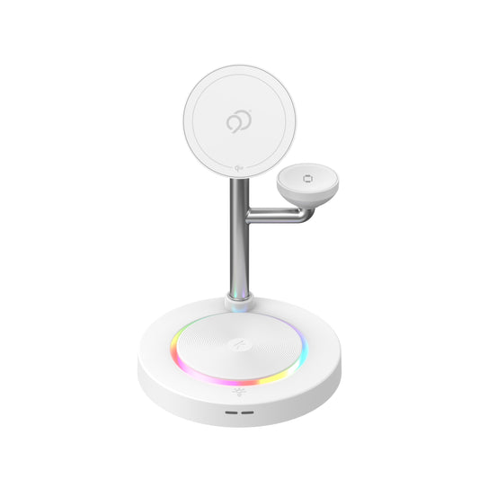 Nimbus9 TrioStand 3-in-1 Qi2 Wireless Charging Stand with Ambient Lighting MagSafe Compatible for Phone, Earbuds & Smartwatch - White