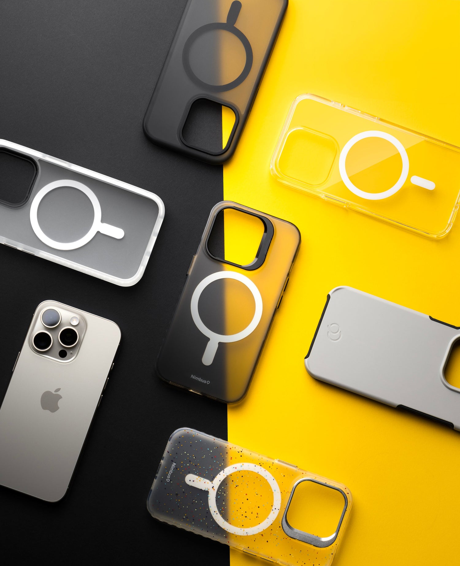 A stylish lineup of Nimbus9 MagSafe-compatible cases for the iPhone 16 Pro, featuring clear, frosted, and gradient designs. Engineered for premium protection and seamless MagSafe charging.