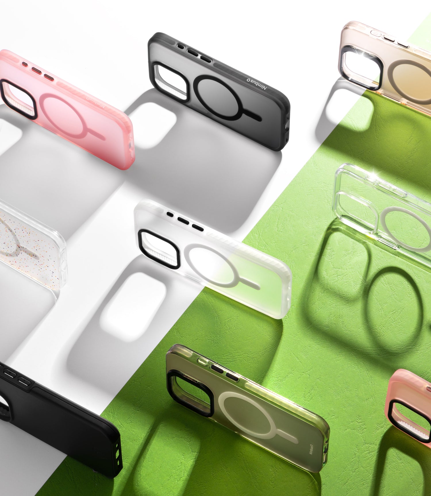 A vibrant selection of Nimbus9 MagSafe-compatible cases for the iPhone 16 Plus. Featuring stylish colorways, frosted and clear designs, and ultimate protection with a modern touch.