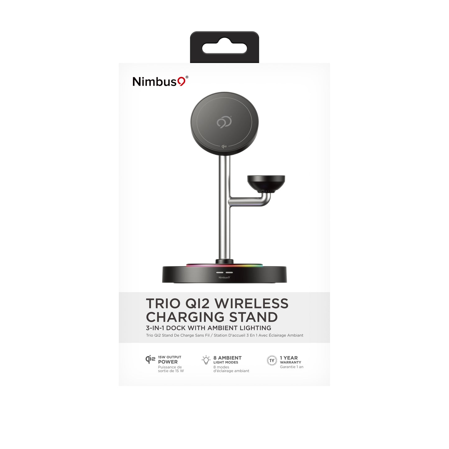 Nimbus9 TrioStand 3-in-1 Qi2 Wireless Charging Stand with Ambient Lighting MagSafe Compatible for Phone, Earbuds & Smartwatch - Black