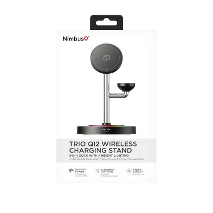 Nimbus9 TrioStand 3-in-1 Qi2 Wireless Charging Stand with Ambient Lighting MagSafe Compatible for Phone, Earbuds & Smartwatch - Black