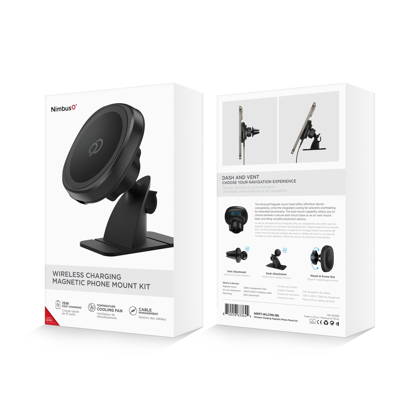 Kit de soporte magnético para teléfono con carga inalámbrica Nimbus9 para rejilla de ventilación o salpicadero - Negro