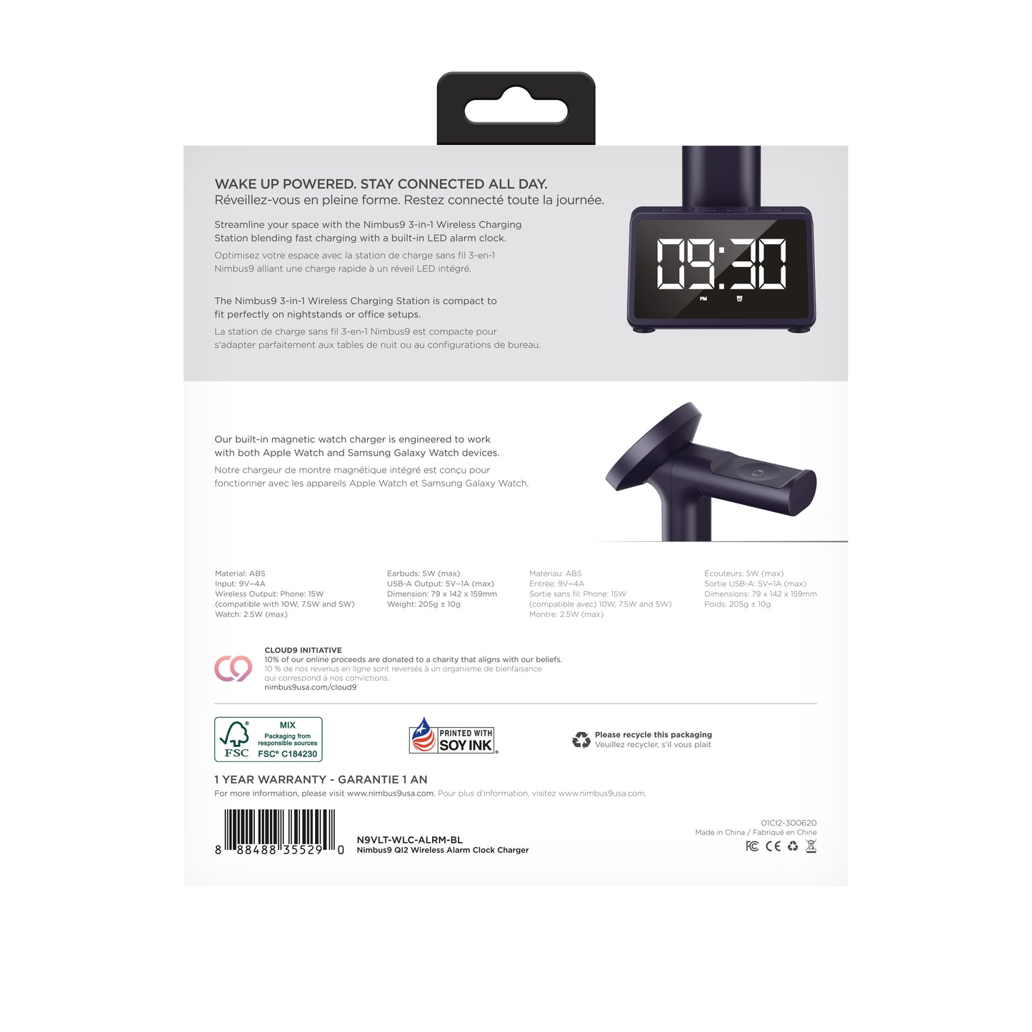 Nimbus9 Qi2 Wireless Charging Alarm Clock Stand MagSafe & Watch Compatible