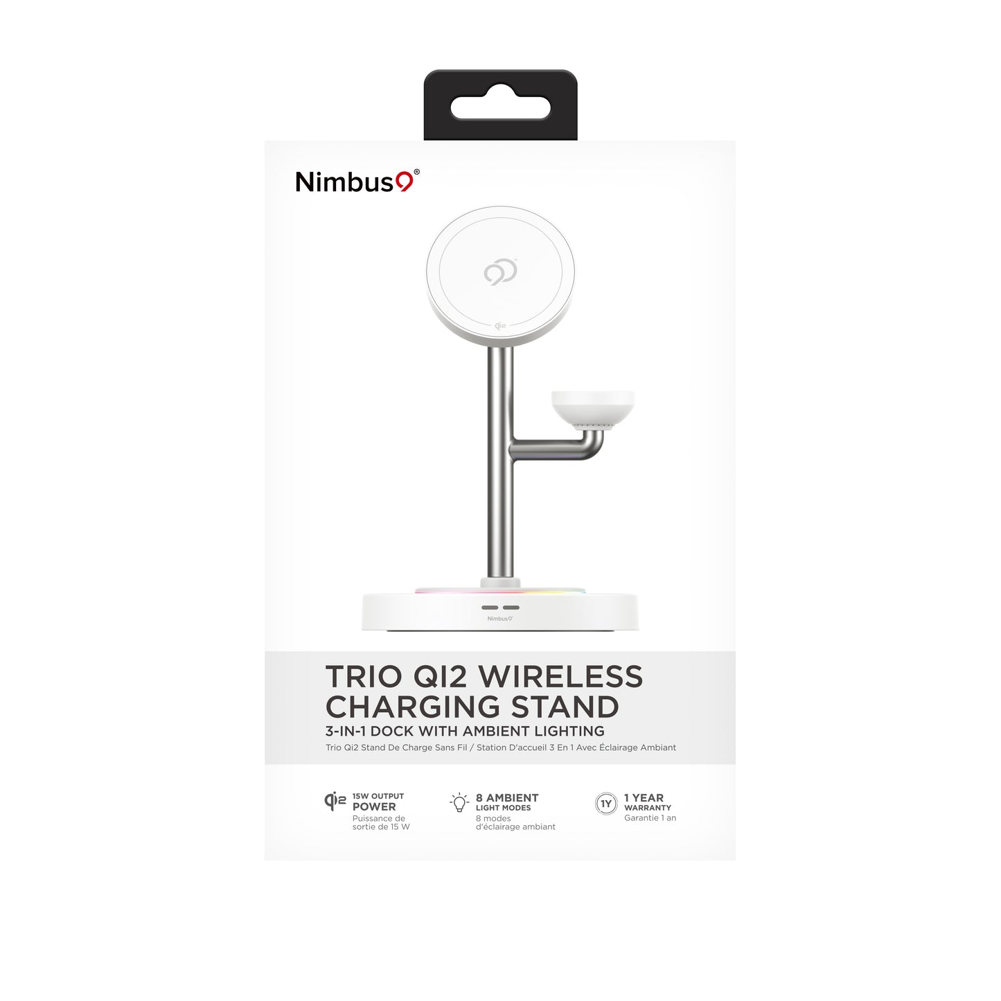 Nimbus9 TrioStand 3-in-1 Qi2 Wireless Charging Stand with Ambient Lighting MagSafe Compatible for Phone, Earbuds & Smartwatch - White