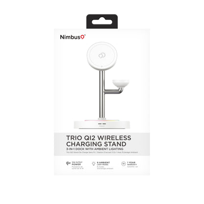 Nimbus9 TrioStand 3-in-1 Qi2 Wireless Charging Stand with Ambient Lighting MagSafe Compatible for Phone, Earbuds & Smartwatch - White