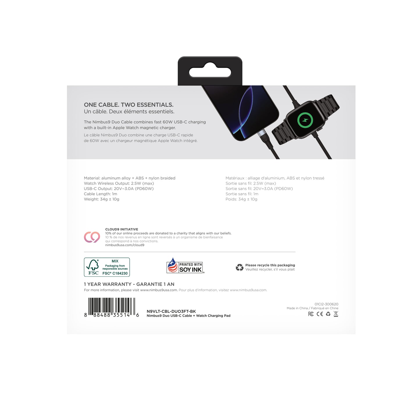 Nimbus9 Duo Cable USB-C with Apple Watch Charging (3FT) - Black