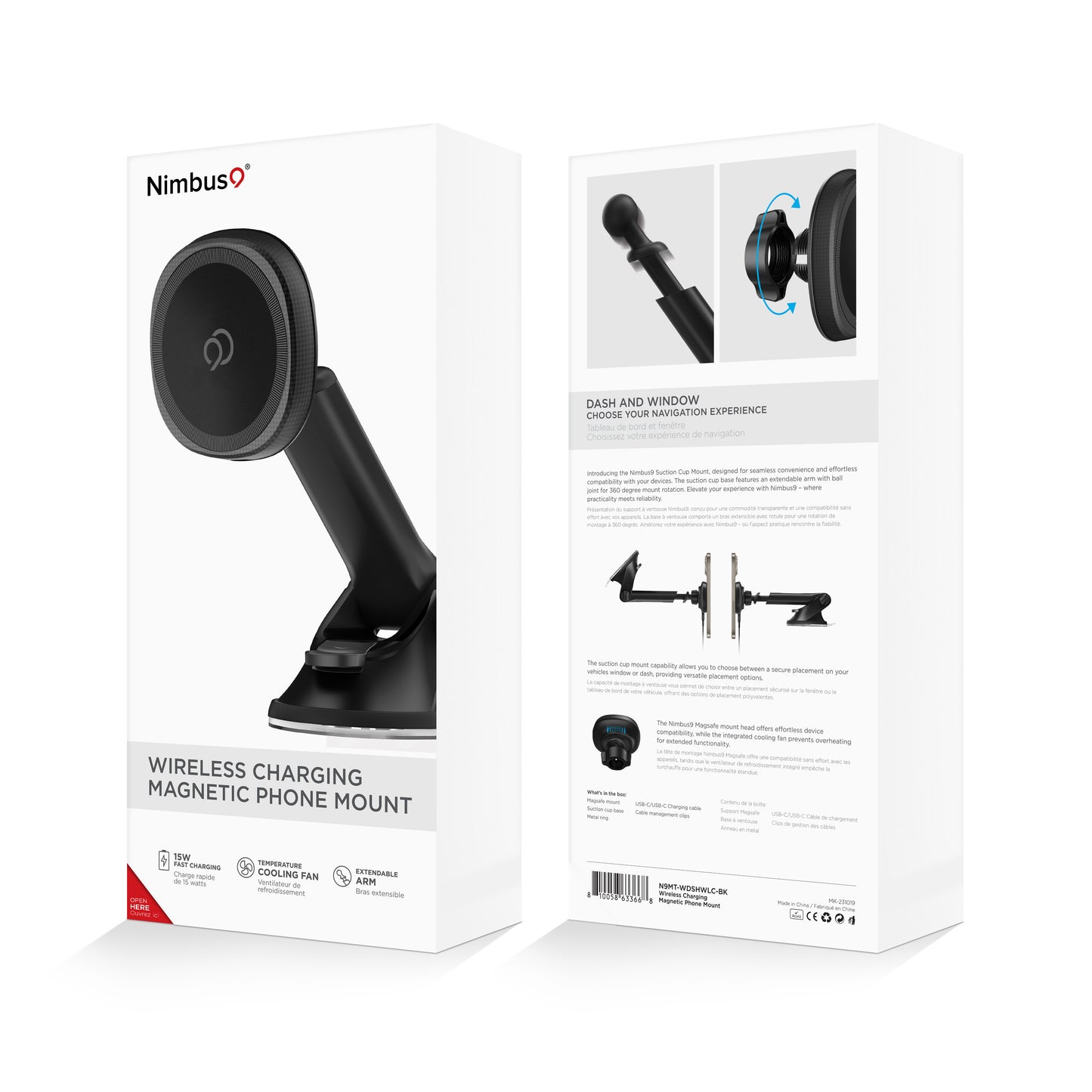 Support de téléphone magnétique à ventouse et chargement sans fil Nimbus9 – Noir