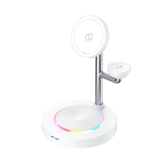 Nimbus9 TrioStand 3-in-1 Qi2 Wireless Charging Stand with Ambient Lighting MagSafe Compatible for Phone, Earbuds & Smartwatch - White