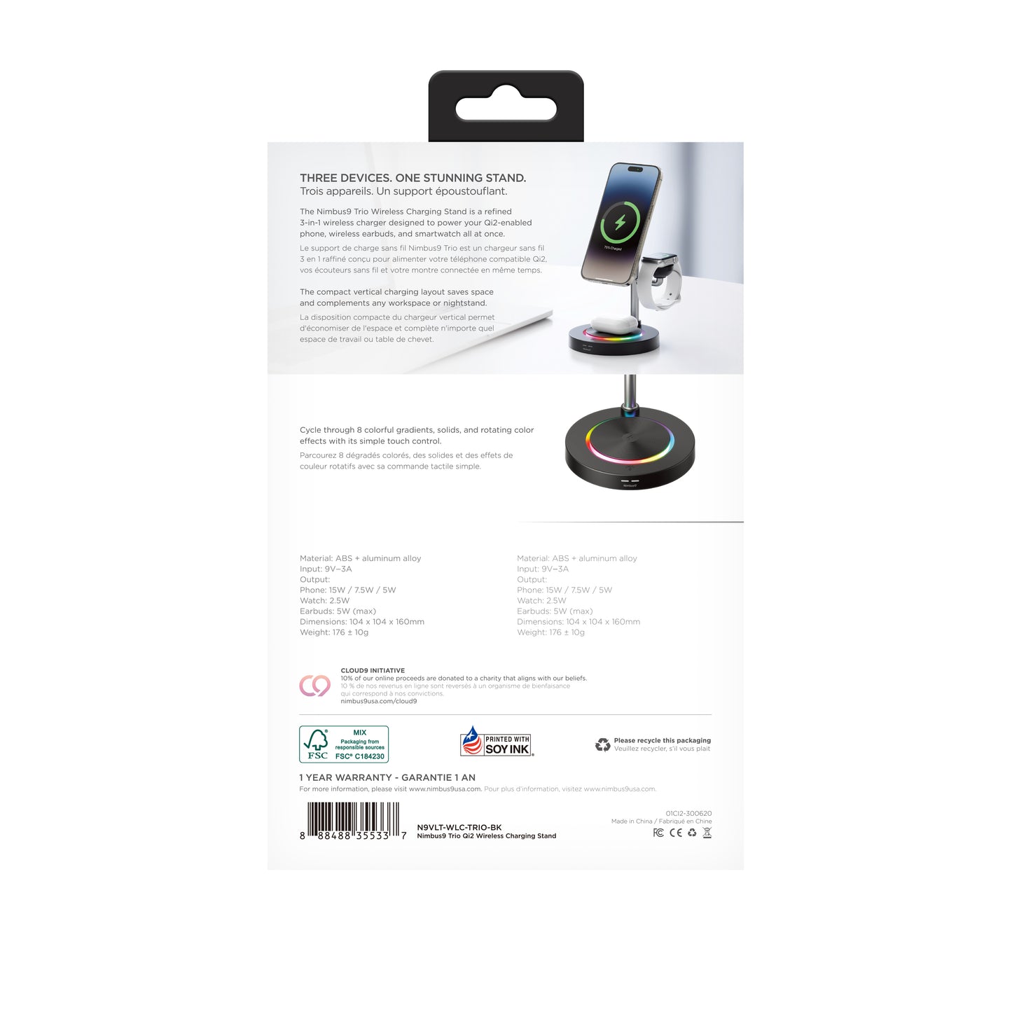 Nimbus9 TrioStand 3-in-1 Qi2 Wireless Charging Stand with Ambient Lighting MagSafe Compatible for Phone, Earbuds & Smartwatch - Black