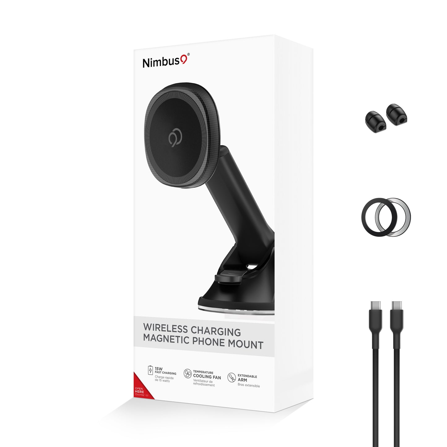 Support de téléphone magnétique à ventouse et chargement sans fil Nimbus9 – Noir