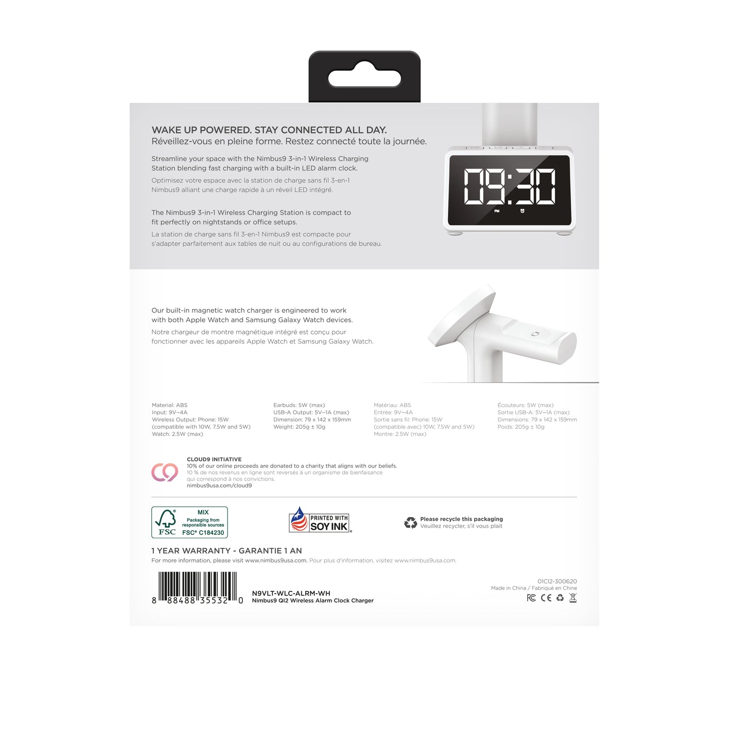 Nimbus9 Qi2 Wireless Charging Alarm Clock Stand MagSafe & Watch Compatible