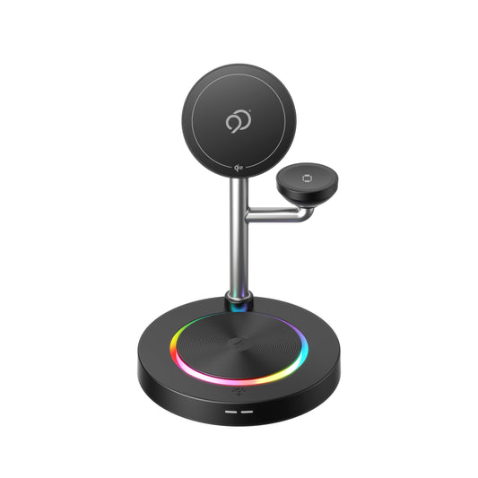 Nimbus9 TrioStand 3-in-1 Qi2 Wireless Charging Stand with Ambient Lighting MagSafe Compatible for Phone, Earbuds & Smartwatch - Black