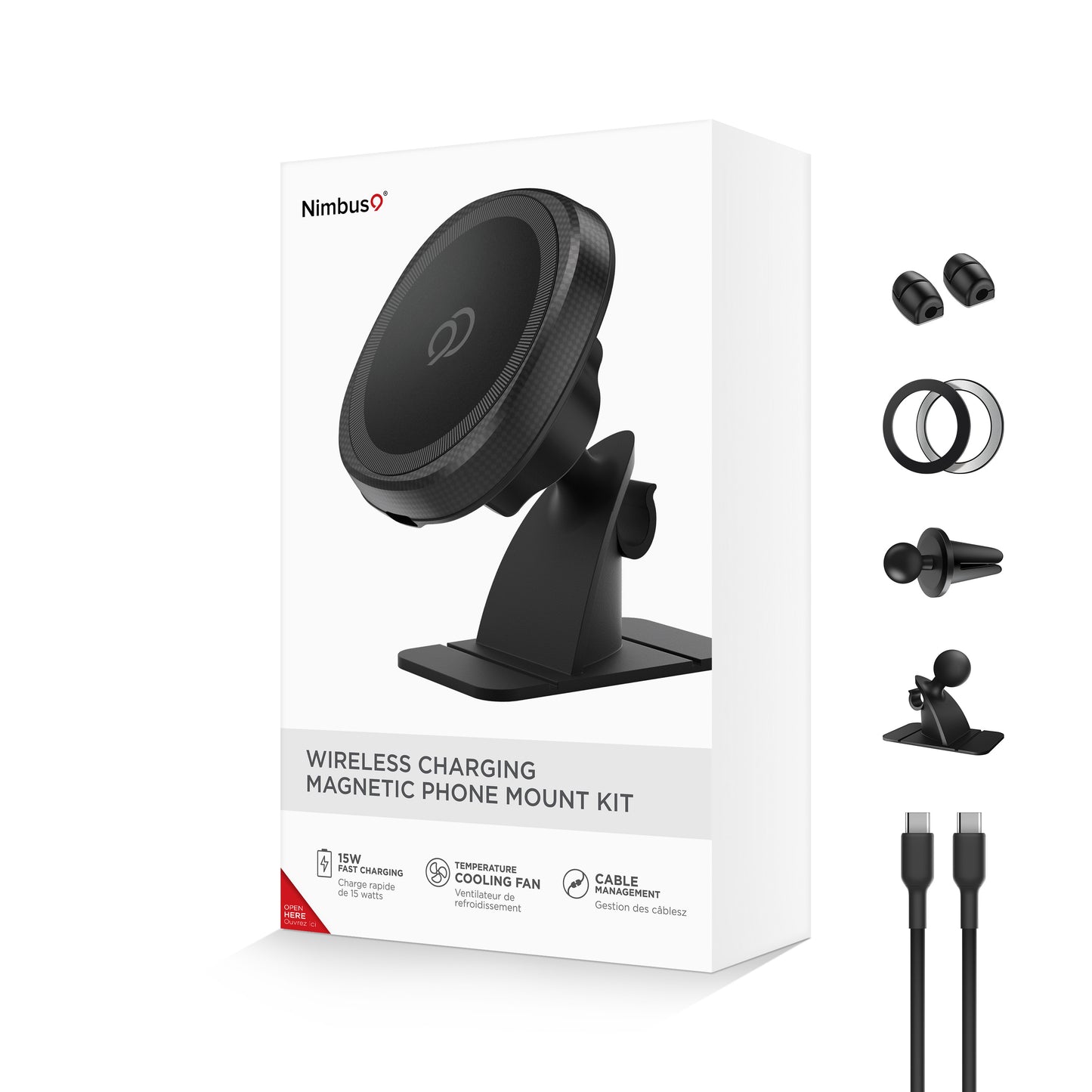 Kit de soporte magnético para teléfono con carga inalámbrica Nimbus9 para rejilla de ventilación o salpicadero - Negro