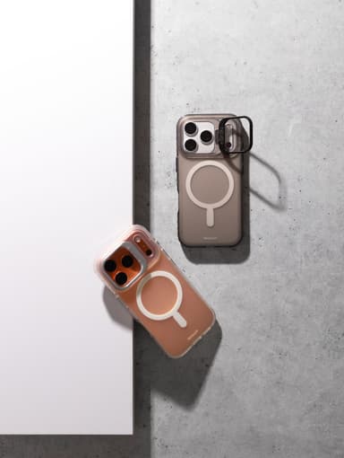 Two Stratus 2 cases on phones, angled on concrete against a white backdrop
