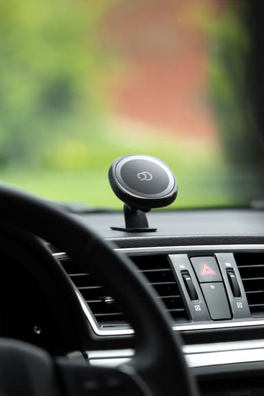 The empty black Nimbus9 mount head on its short dash stalk, its ringed face catching the light, green trees blurred through the windshield