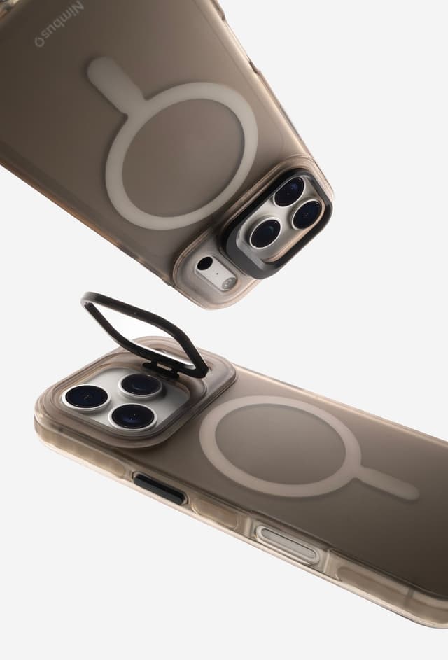 Stratus 2 case with its pop-up ring stand raised, close on the camera cutout and the magnet ring