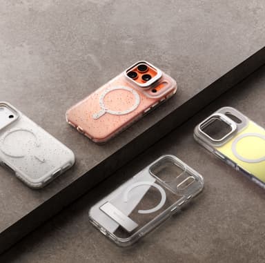 Four speckled Stratus 2 cases laid out on a two-tone stone surface