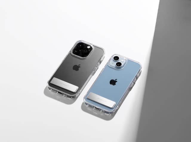 Two iPhones in clear Aero cases laid flat on a white surface, closed kickstand bars visible on both backs