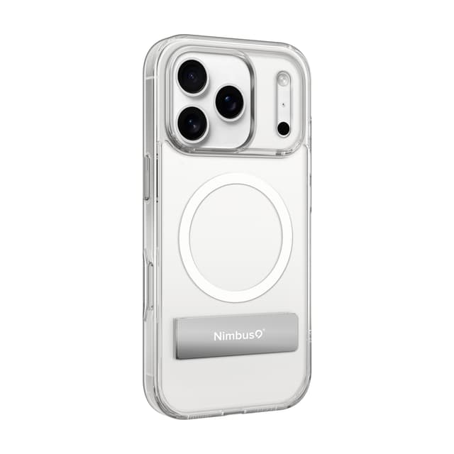 Clear Aero case on an iPhone 17 Pro angled to the right, the raised clear camera surround and slim side profile in view