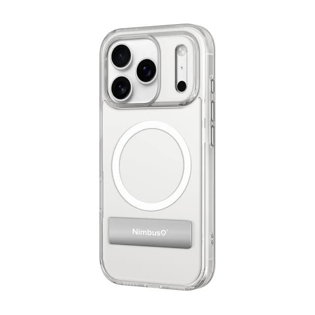 Clear Aero case on an iPhone 17 Pro angled to the left, the white MagSafe ring prominent through the clear back
