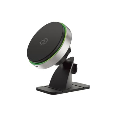 The Qi2 mount head with its brushed gray ring and green accent light, on its dash base, three-quarter view on white
