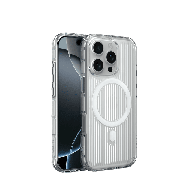 Nimbus9 Alto 2 iPhone 16 Pro MagSafe Case in Clear on a White Titanium iPhone 16 Pro
