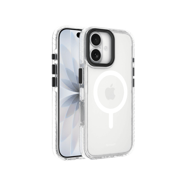 Nimbus9 Phantom 3 iPhone 17 MagSafe Case in Clear on a White iPhone 17