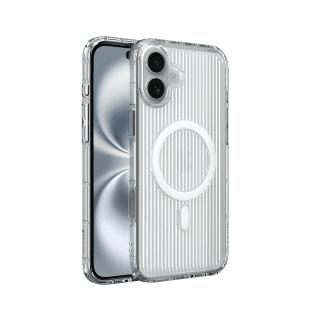 Nimbus9 Alto 2 iPhone 16 Plus MagSafe Case in Clear on a White iPhone 16 Plus