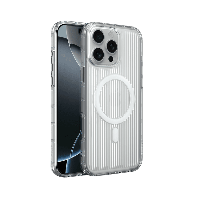 Nimbus9 Alto 2 iPhone 16 Pro Max MagSafe Case in Clear on a White Titanium iPhone 16 Pro Max